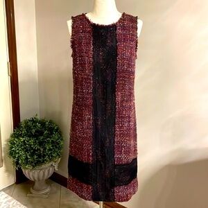 ETCETERA TWEED wool blend / lace embossed shift dress sleeveless purple black 8